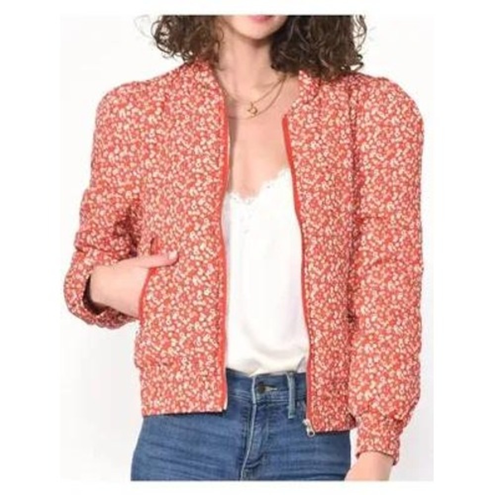 Greylin Red Floral Quilted Bomber Jacket Womens Medium‎ Zip Up G227J1542